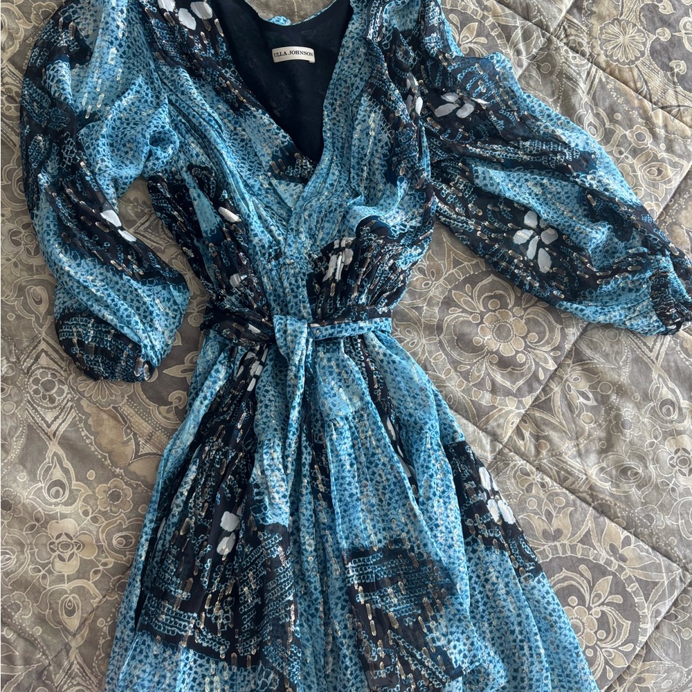 Ulla Johnson Blue and Black Floral Long Sleeve Dress